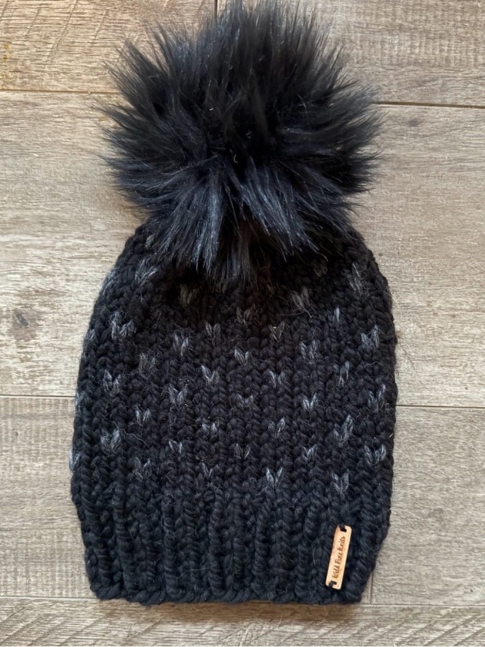 Handmade Chunky Knit Women’s Beanie | Faux Fur Pom | Black Neutral | NWT